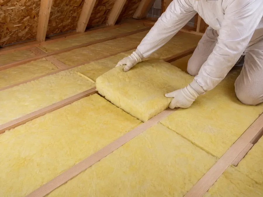 Fibreglass batt installation in an attic